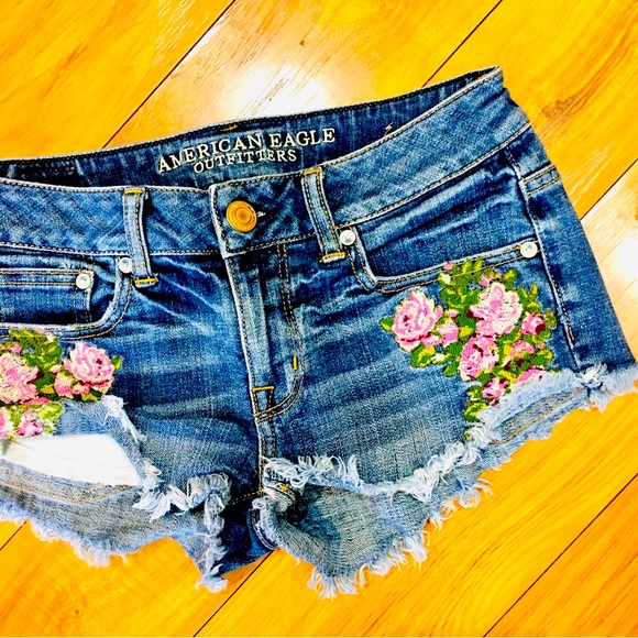 American Eagle Outfitters Pants - American Eagle Outfitters AEO floral pink flower cut off denim jean shor…